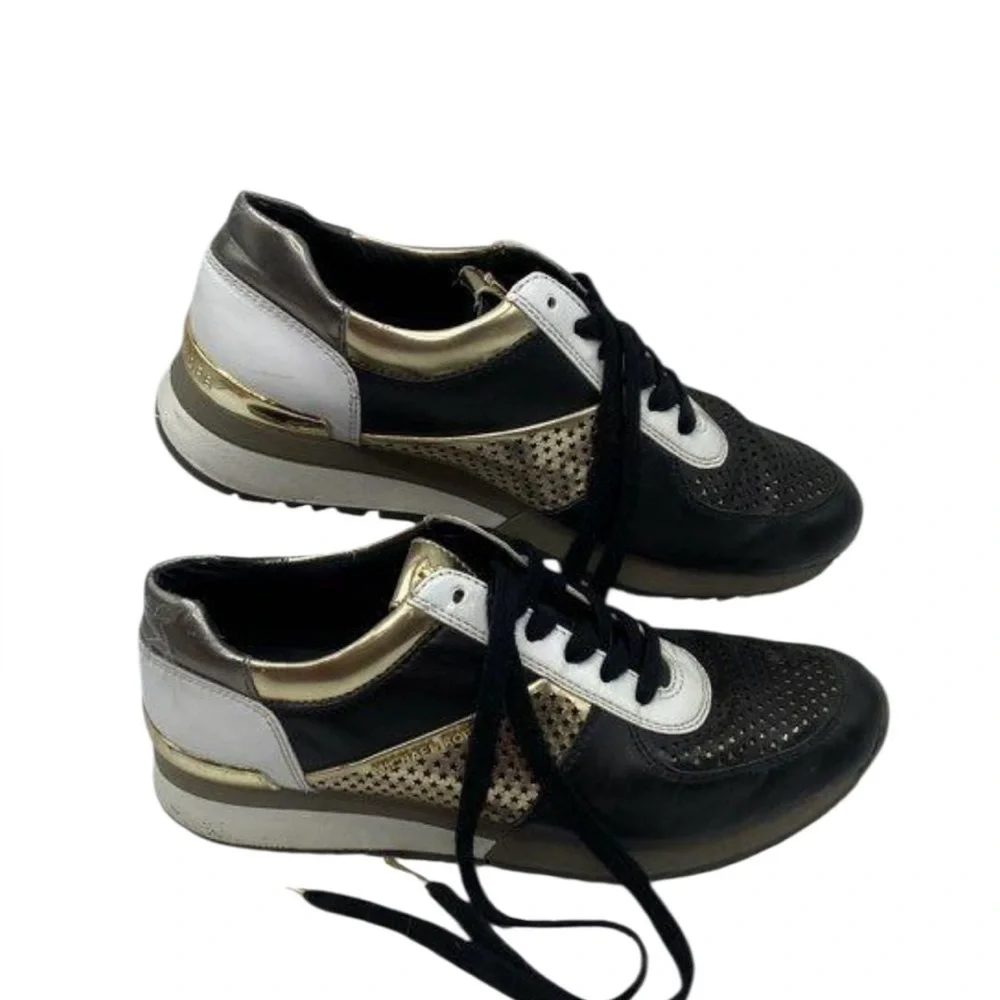 Michael Kors Women's Allie Metallic-Trim Black/Gold Leather Sneakers Sz 8